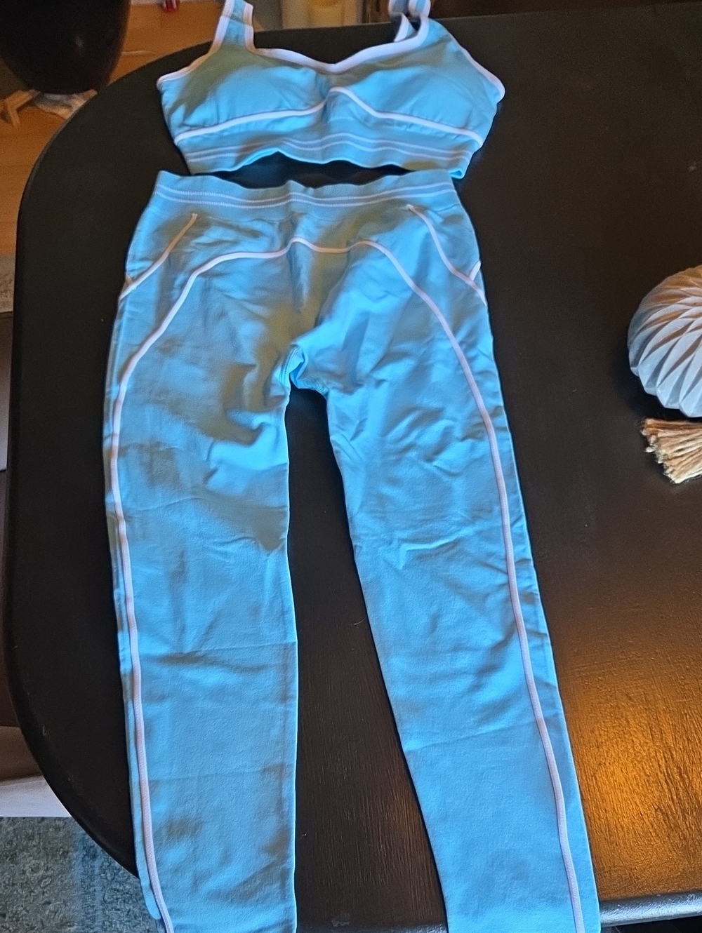 Light Blue Active Leggings Set with White Piping